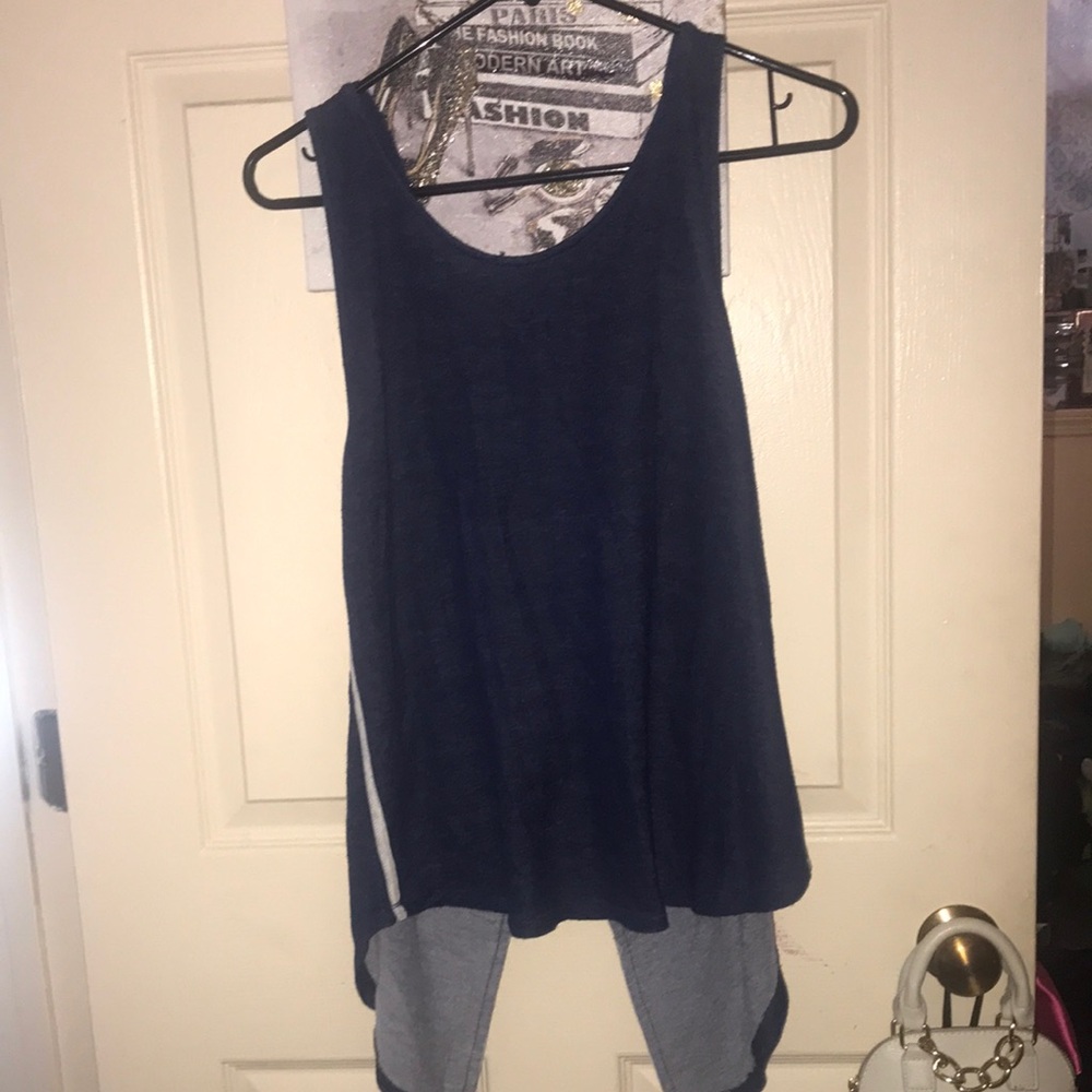 Tresics Size Large Dark Blue with Dark Cream Lines Hooded Tank Back Opening